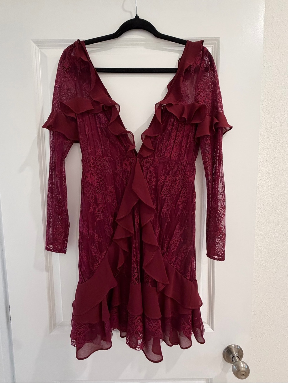 For Love and Lemons Deep Wine Lace Ruffle V-Neck Dress